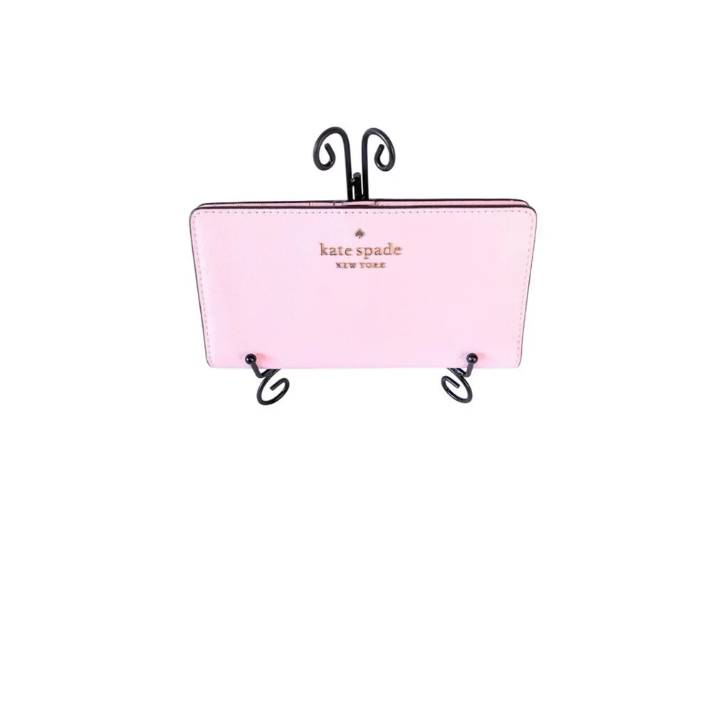 Kate Spade New York Long Wallet Bifold Saffiano Leather Pink Pastel Gold Tone - Picture 2 of 12